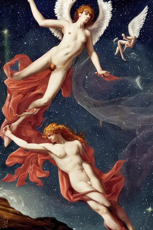 Prompt: angel falling to andromeda, very high resolution images, very fine details, very realistic, drawn by yulia iosilzon, and simone graci, plus a touch from raden pious in the depth of color and emotion