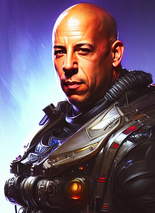 Image similar to portrait of apex legends vin diesel, intricate, elegant, glowing lights, highly detailed, digital painting, artstation, glamor pose, concept art, smooth, sharp focus, illustration, art by artgerm and greg rutkowski, artey freytag