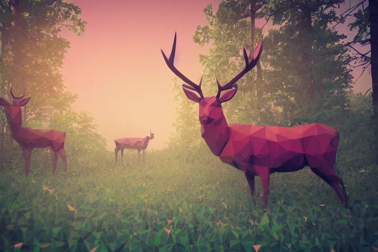 Prompt: super detailed lowpoly art, red deer in an undergrowth, unreal engine, retrowave color palette, 3 d render, lowpoly, earthy colors, digital art, perspective