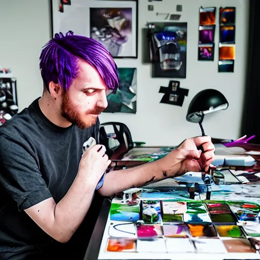 Image similar to violet - haired male game designer who plays blood bowl and paints miniatures, sitting at his untidy working table