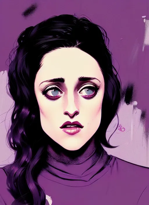 Image similar to highly detailed closeup portrait of beautiful carly chaikin as darlene alderson, wavy black hair, by atey ghailan, by greg rutkowski, by greg tocchini, by james gilleard, by joe fenton, by kaethe butcher, gradient purple, black and white color scheme, grunge aesthetic!!! ( ( graffiti tag wall background ) )