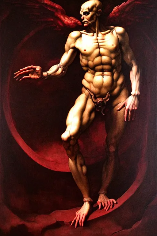 Prompt: portrait of diablo stepping forth from a demonic portal, oil painting, high detail, dark lighting, atmospheric, extremely detailed, intricate, da vinci, michelangelo, caravaggio, hans holbein, raphael, donatello, 8 k