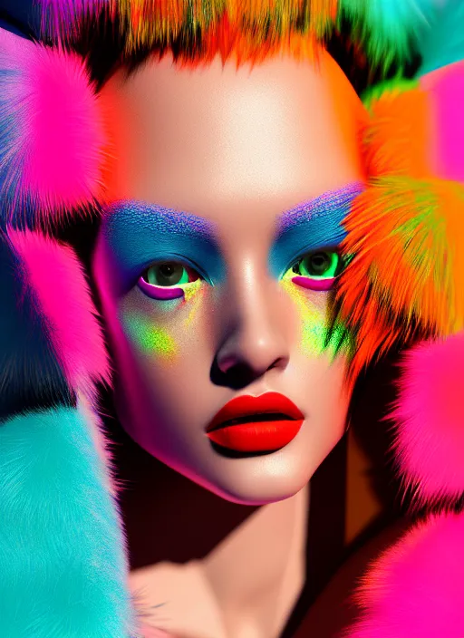 Prompt: stylish coat for a rave, bright colors, many details, prints, photo for a magazine, photo for a store, fashion photography, Vogue, 135 mm, cinematic, hyper realism, high detail, octane render, 8k, chrome accents, very coherent symmetrical artwork, perfect face model, full length photo, Upper and lower body, white skin colour