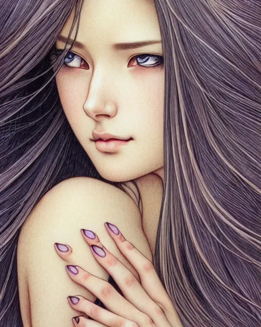 Image similar to ' daydreaming woman with long straight silky hair ', closeup shot of face, beautiful shadowing, soft shadowing, reflective surfaces, illustrated completely, 8 k beautifully detailed pencil illustration, extremely hyper - detailed pencil illustration, intricate, epic composition, masterpiece, bold complimentary colors. stunning masterfully illustrated by artgerm, range murata, alphonse mucha, katsuhiro otomo.