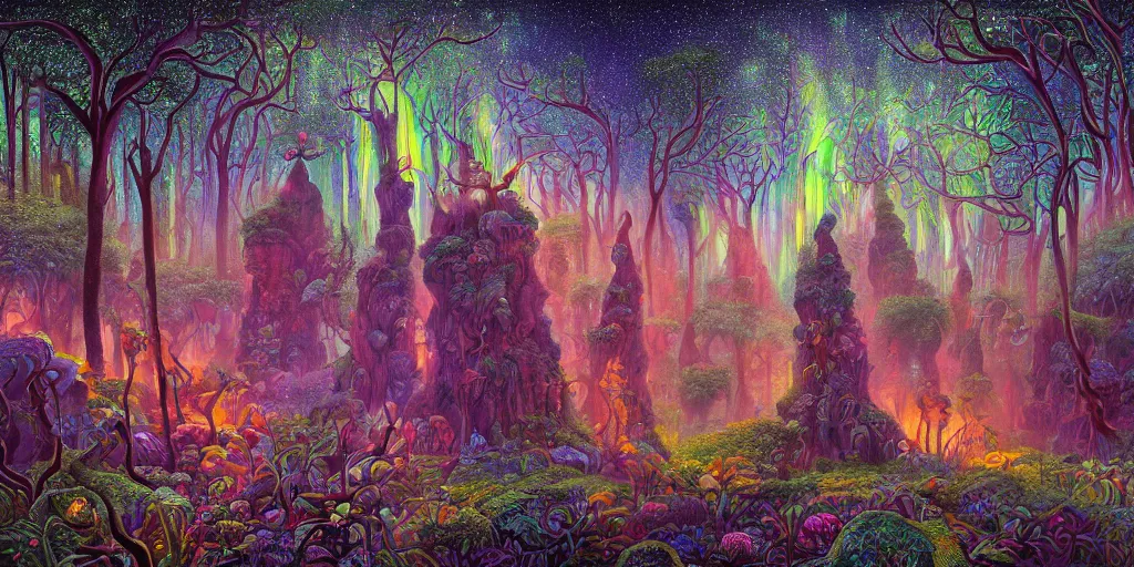 Image similar to beautifully detailed painting of a dreamy psychedelic rainforest with fireflies and fairies, intricate coral, fungal gems, iridescent crystal monoliths, obelisks and an aurora borealis, mossy stumps by dan mumford, diego rivera, eugene delacroix, jean leon gerome, eddie mendoza