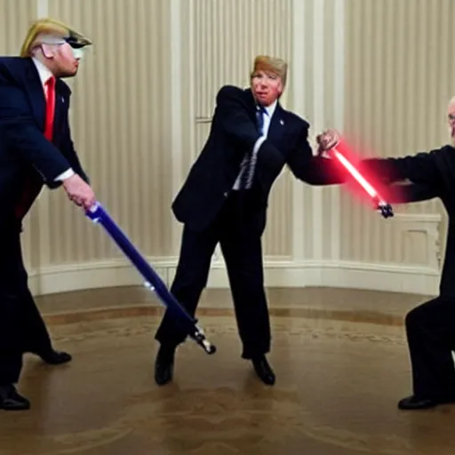 Prompt: photo of putin, trump, obama and bush having a lightsaber fight, starwars poster style