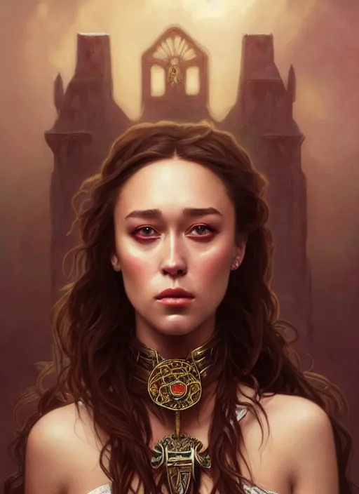 Image similar to portrait of alycia debnam - carey as a vampire lord, jewelry, greek, ruby, intricate, headshot, highly detailed, digital painting, artstation, concept art, sharp focus, cinematic lighting, illustration, art by artgerm and greg rutkowski, alphonse mucha, cgsociety