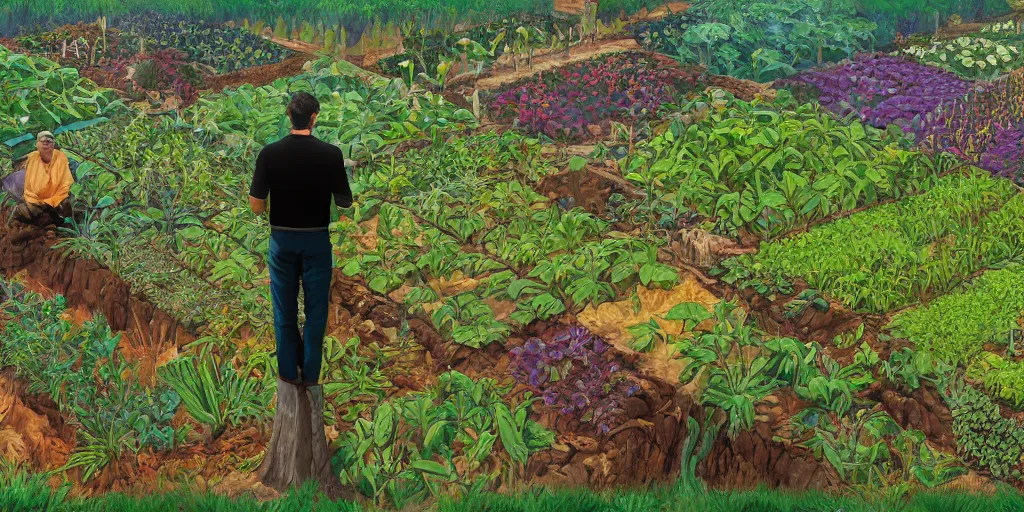 Prompt: A man surveying his exquisite, symmetrical, perfect crops, high quality fantasy art, 4k