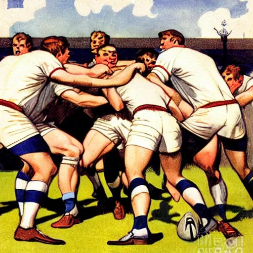 Image similar to 1920s full color illustraion by J.C. Leyendecker of handsome male rugby players in a scrum on the field, rugby ball on the ground in between the handsome rugby players