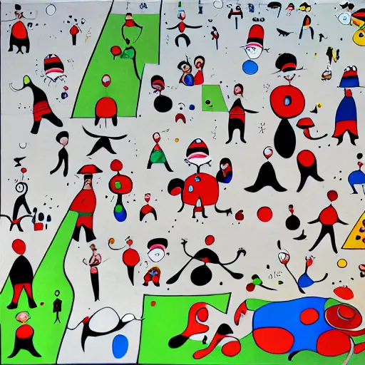 Image similar to Where's Waldo, in the style of Joan Miro