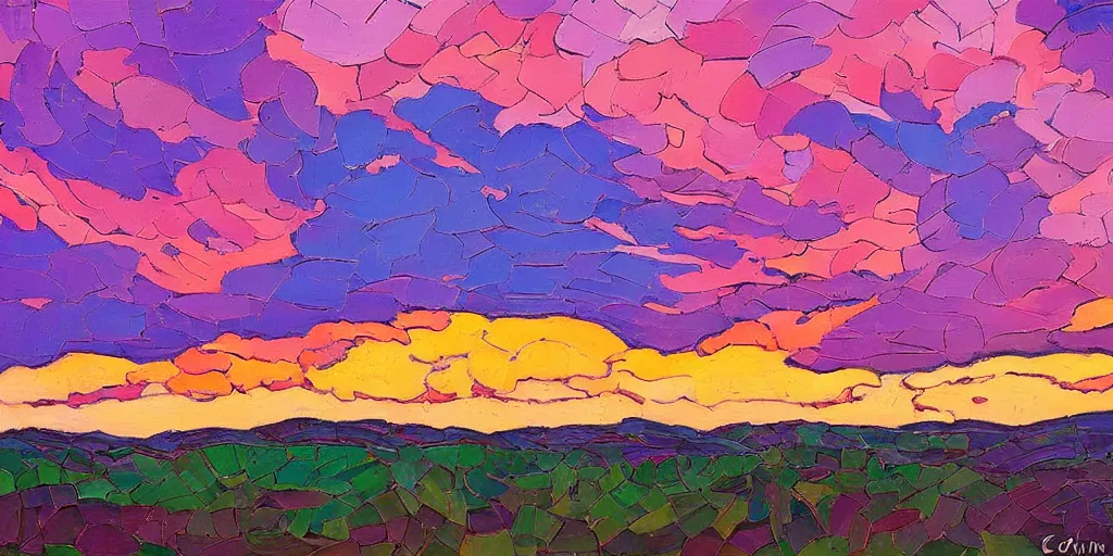 Prompt: oil painting of a cummulonimbus cloud on a pink sunset by erin hanson