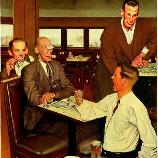 Image similar to the tallest man in the world gets himself into difficulties in a restaurant and threatens the horrified waiter, painted by norman rockwell and tom lovell and frank schoonover