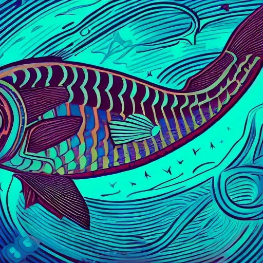 Image similar to one stylized fish in center of view, viewed in profile, dark ocean, complex patterns, artstation, intricate, realistic, highly detailed, digital painting, concept art, sharp focus, illustration by tom whalen and charles williams and kilian eng and james jean