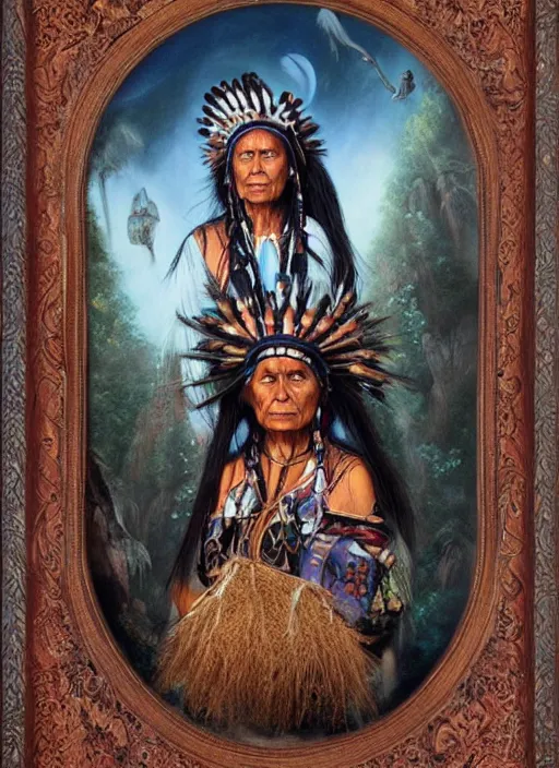 Image similar to a beautiful painting of an indigenous grand-mother, matte painting, fantasy art, highly detailed