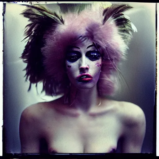 Prompt: kodak portra 4 0 0, wetplate, photo of a surreal artsy dream scene,, glamour model, weird fashion, ultra - realistic face, extravagant dress, carneval, animal, wtf, photographed by paolo roversi style
