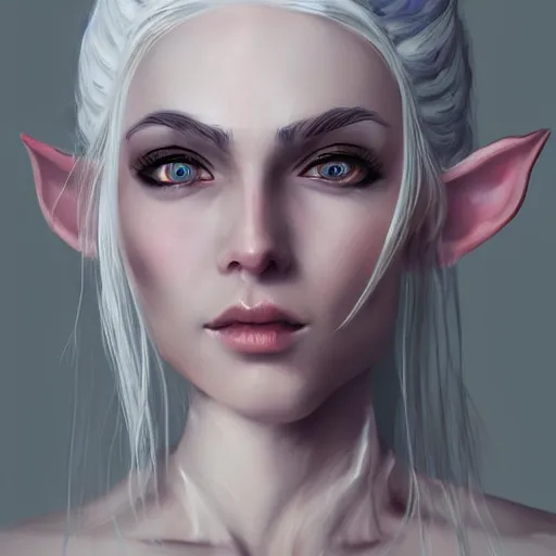 Image similar to portrait of a female half - elf gloura with white skin, white hair, white eyes, short wavy hair, gray spots on cheeks, trending on artstation, fantasy portrait