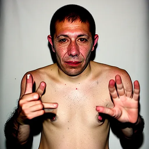 Image similar to portrait of Adrian Lima giving the middle finger to the camera, photo by Terry Richardson