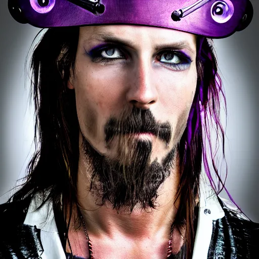 Image similar to a portrait photo of a futuristic sci - fi pirate, purple themed, robot pirate