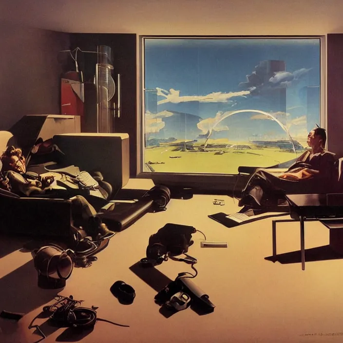 Prompt: a futuristic minimalist lounge room with a big window opening up to a wide open meadow with billowing clouds in the sky. highly detailed science fiction painting by norman rockwell, frank frazetta, and syd mead. rich colors, high contrast, gloomy atmosphere. trending on artstation.