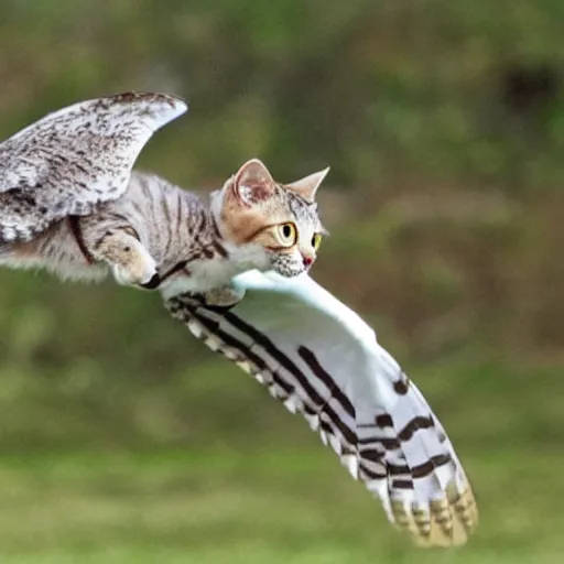 Image similar to cat and owl hybrid in flight