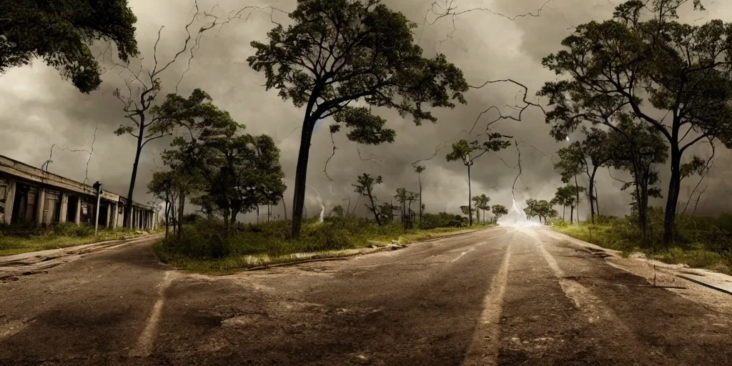 Image similar to abandoned city reclaimed by nature, cinematic shots, smooth lightning, happy, calm