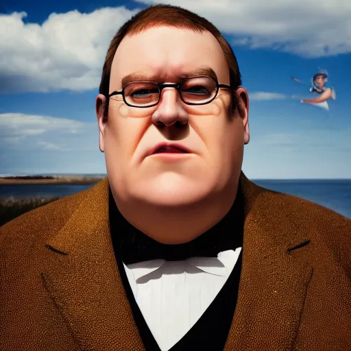 Prompt: a portrait of realistic human peter griffin with background scenery by juergen teller, iris van herpen