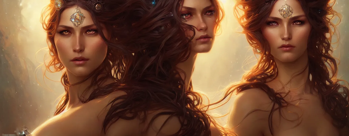 Image similar to fantasy magic woman portrait, sci-fi, amber eyes, face, long hair, fantasy, intricate, elegant, highly detailed, digital painting, artstation, concept art, smooth, sharp focus, illustration, art by artgerm and greg rutkowski and alphonse mucha