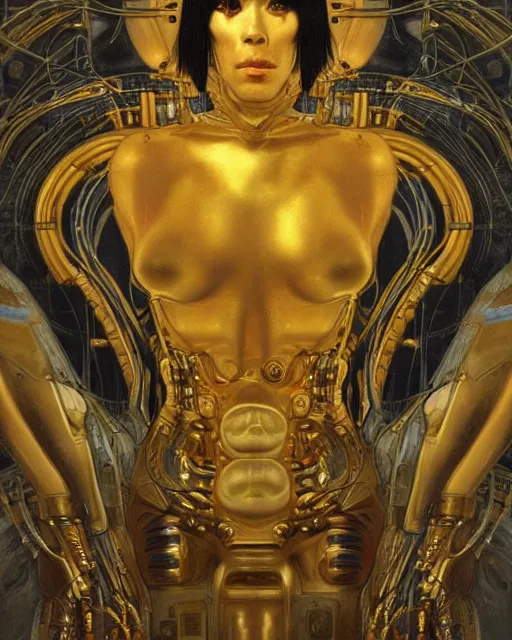 Prompt: Golden Portrait of a Cyborg from Ghost in the shell by Gustav Klimt and HR Giger, cyberpunk noir, baroque elements, intricate artwork by caravaggio, aesthetic, intricate, highly detailed, masterpiece