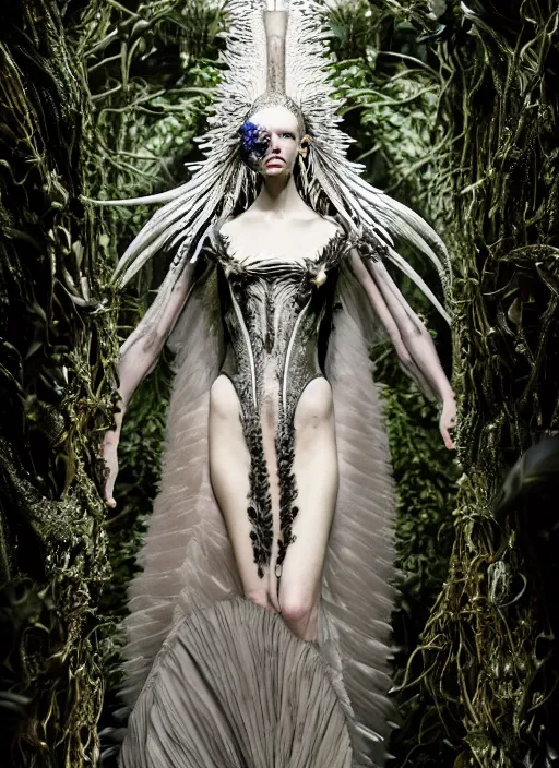 Image similar to walking down the catwalk, tim walker, show, stage, vogue photo, podium, fashion show photo, historical baroque dress dark, iris van herpen, beautiful woman, masterpiece, intricate, biopunk, vogue, full body shot, plant predator, guyver, highly detailed