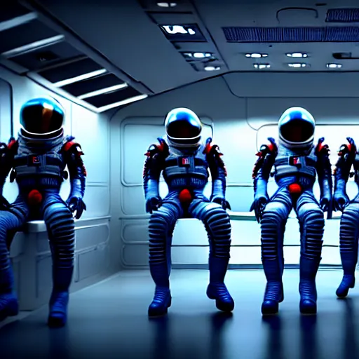 Image similar to astronauts in a meeting, there is a xenomorph behind them holding a blade, hyperrealistic, 3 d, 8 k, unreal engine, octane render, make it look like it was made by dall - e 2