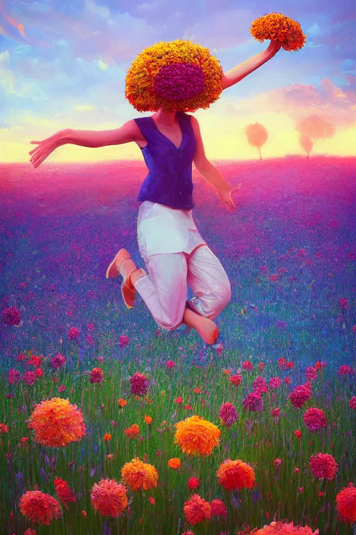 Image similar to closeup, giant flower head, girl in suit jumping in field of flowers, surreal photography, sunrise, blue sky, dramatic light, impressionist painting, digital painting, artstation, simon stalenhag