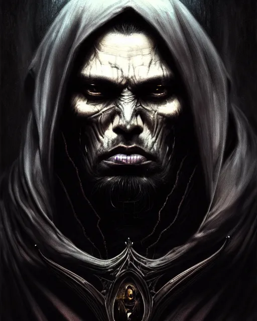 Prompt: realistic wide angle portrait of a dark bishop, dark magic, heroic pose, beautiful face, full body, dramatic lighting, dark and horror, intricate, wild, highly detailed, digital painting, artstation, concept art, smooth, sharp focus, illustration, art by artgerm and greg rutkowski and alphonse mucha, footage from space camera