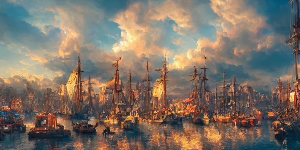 Image similar to beautiful seventeenth century harbour city, vivid colors, gorgeous clouds, god rays, digital art, landscape, fantasy art, octane render, ureal engine, high detail, very realistic, by ross tran