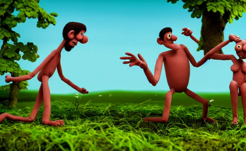 Prompt: Adam and Eve a still from a stop motion film, Aardman Animations, claymation, 4k, high quality