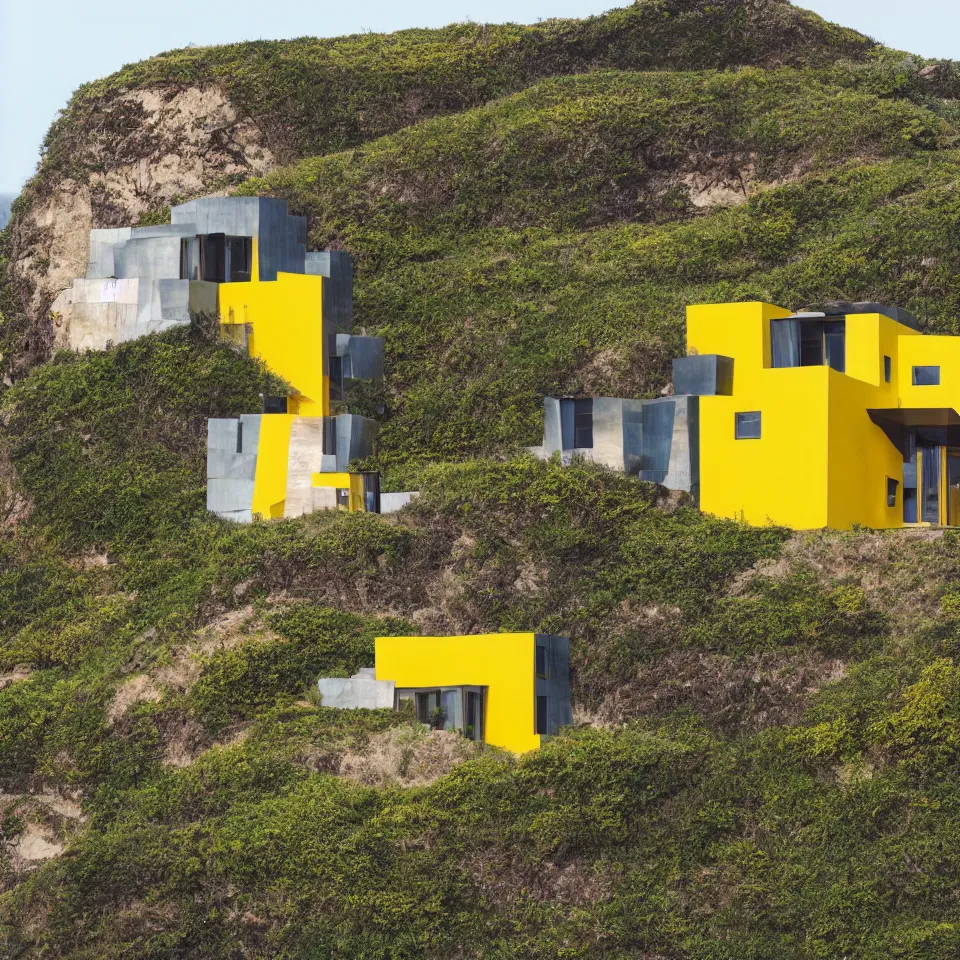 Image similar to a tiny flat horizontal house on a cliff, designed by Frank Gehry. Big tiles. Small wooden pathway . Film grain, cinematic, yellow hue