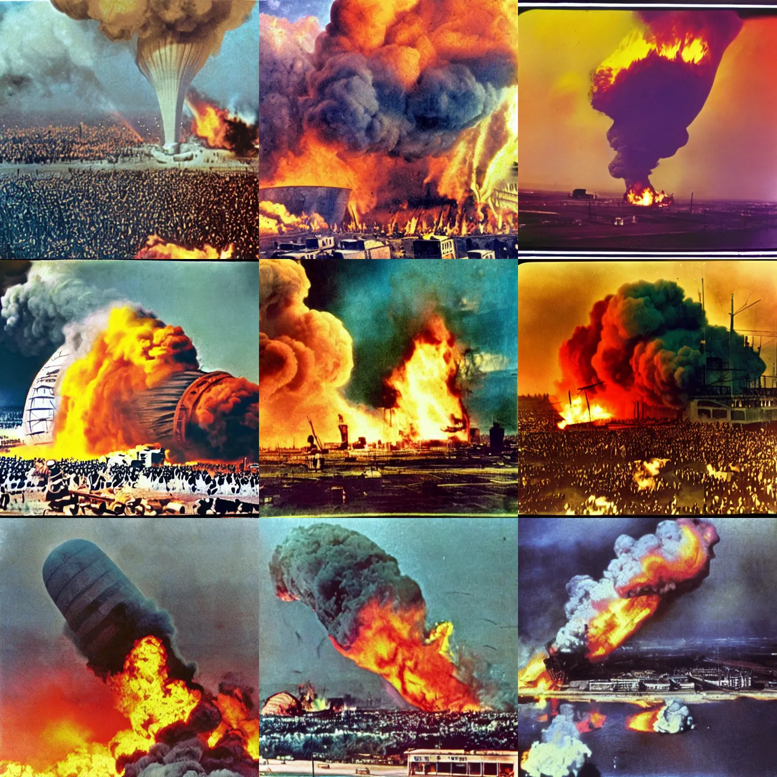 Prompt: colorized film photo, The Hindenburg Tragedy, colorful highly saturated, national geographic historical photograph, national archives