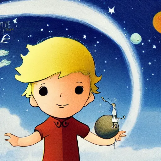 Image similar to the little prince on a little round planet floating in space