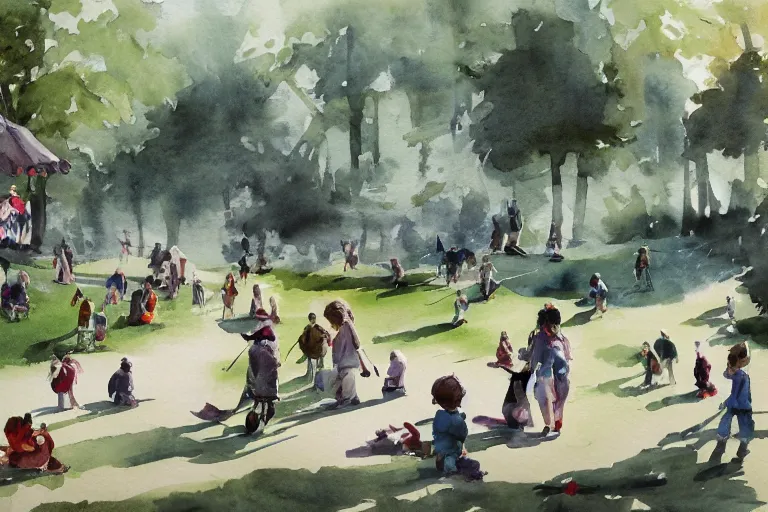 Image similar to Busy day at the park, high quality watercolors, award winning, trending on ArtStation