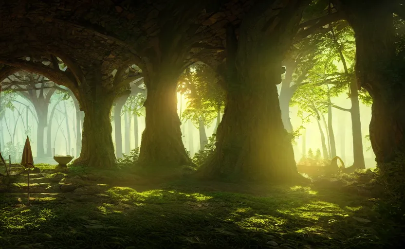 Image similar to inside a beautiful wood elf city, 8 k, hdr, award - winning, octane render, artstation, volumetric lighting