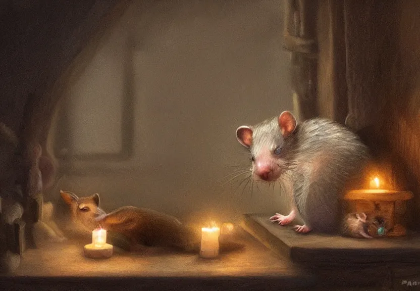 Image similar to cute possum sleeping on a bed in a medieval cluttered cottage at night under the dim light of a candle, dark fantasy, dreaming illusion, trending on artstation