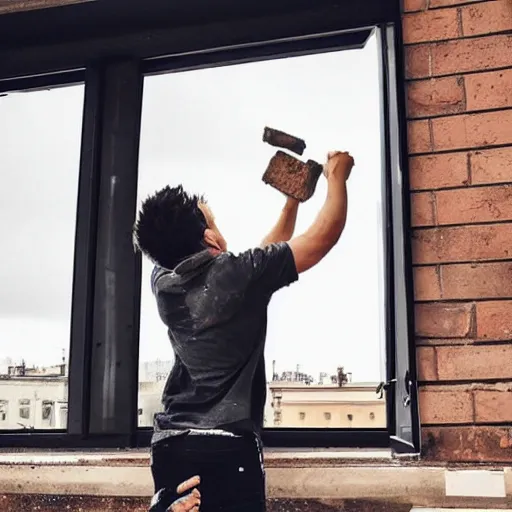 Image similar to angry instagram influencer throwing a brick through someone's window