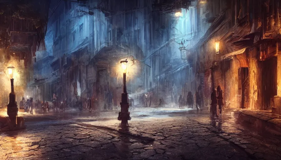 Image similar to street of prehistoric city lighten by torches during early evening, shadows, reflections, epic composition, intricate, elegant, volumetric lighting, digital painting, highly detailed, artstation, sharp focus, illustration, concept art, ruan jia, steve mccurry