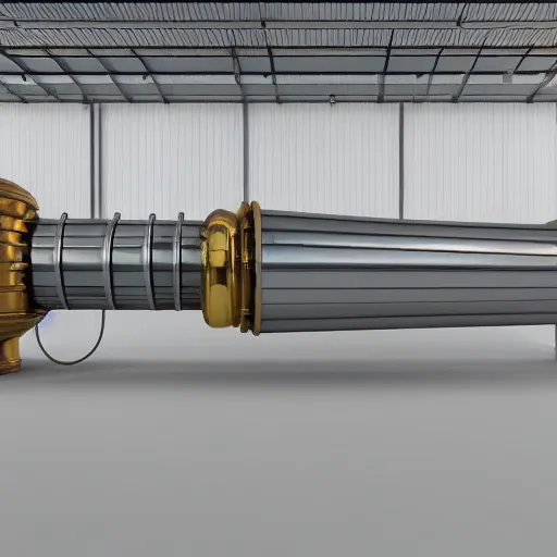 Image similar to big metallic capsule connected to pipelines, purpose is pump, standing in large industrial hall, designed by best engineers, raytracing, reflections