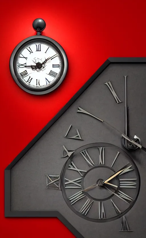 Image similar to a melting Roman numeral clock, behind a red and black gradient background, awith a black heart shaped on the top left corner and a black diamond card shape in the bottom right corner, dynamic lighting, photorealistic fantasy concept art, trending on art station, stunning visuals, cinematic, creative, ultra detailed