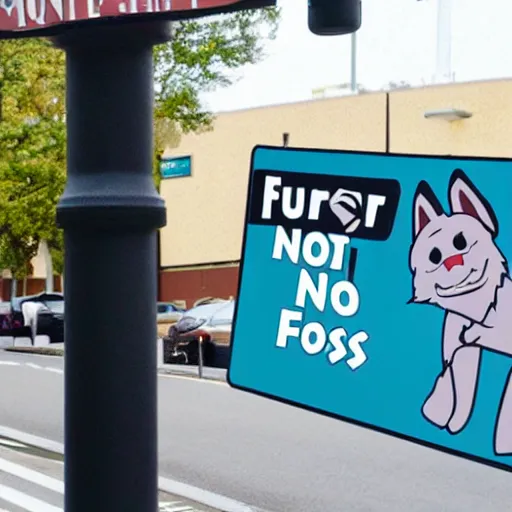 Image similar to a street sign that says no furries, sad furry looking at it