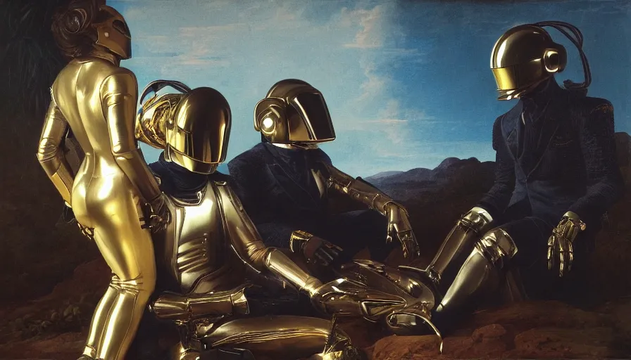 Prompt: Daft Punk album cover in the style of Alexandre Cabanel, renaissance, intricate detail, high resolution, moody