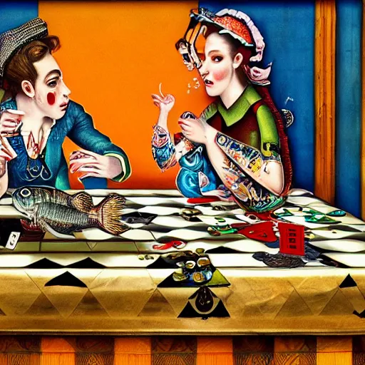 Image similar to two fishes sitting at a table playing cards, at the bottom of the sea, the table has a checkered table cloth, hyperdetailed, cinematic light, lowbrow surrealistic, in the style of mark ryden,