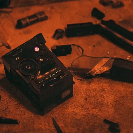 Image similar to augmented human repairing weapon made from old scratched sony walkman, dark messy smoke - filled cluttered workshop, dark, dramatic lighting, orange tint, cinematic, highly detailed, sci - fi, futuristic, movie still from blade runner