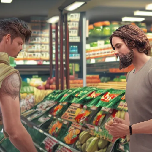 Prompt: mid shot of an realistic jesus buying groceries at the store, shot by amanda carlson and alex strelkovv, professional photo, masterpiece, very detailed, hyper - realistic, unreal engine, straight face, cinematic, 4 k