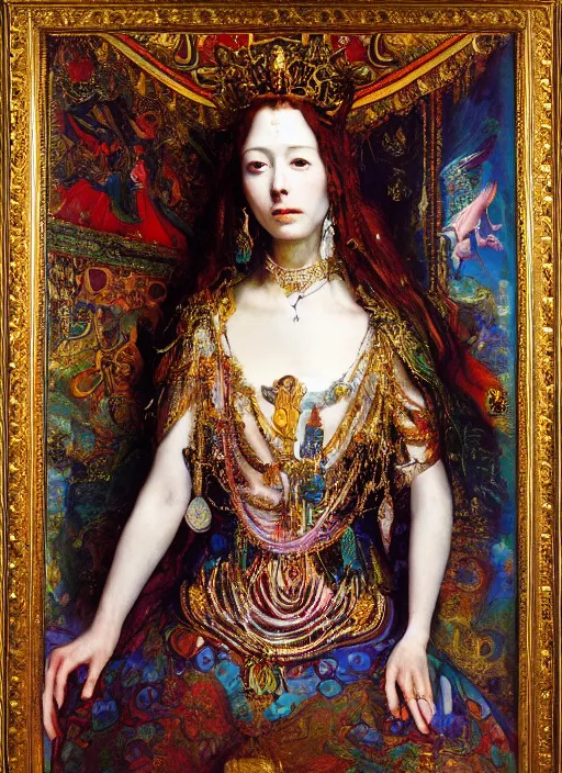 Image similar to oil painting of portait Queen of Ecstasy in a large throne room, Hungarian, by Yoshitaka Amano, by Georgia o Keeffe, by Gustave Moreau